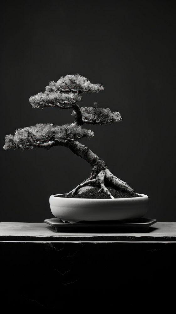 Photography of Japanese bonsai tree plant monochrome houseplant.