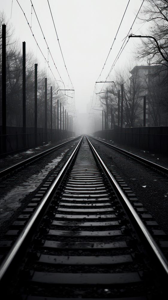 Photography of railway train black white.