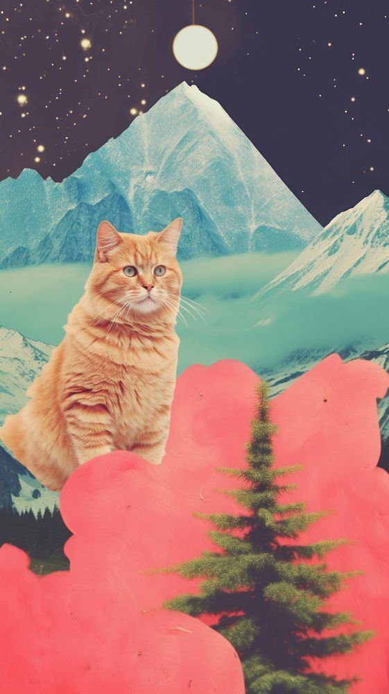 Cat art mountain painting. AI generated Image by rawpixel.