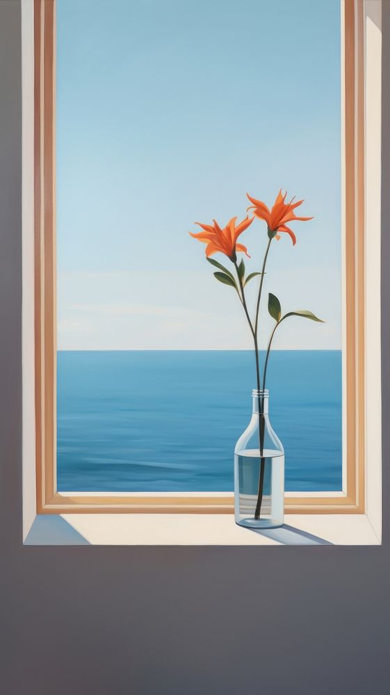 A flower in a vase outside the window with seascape background windowsill painting plant.