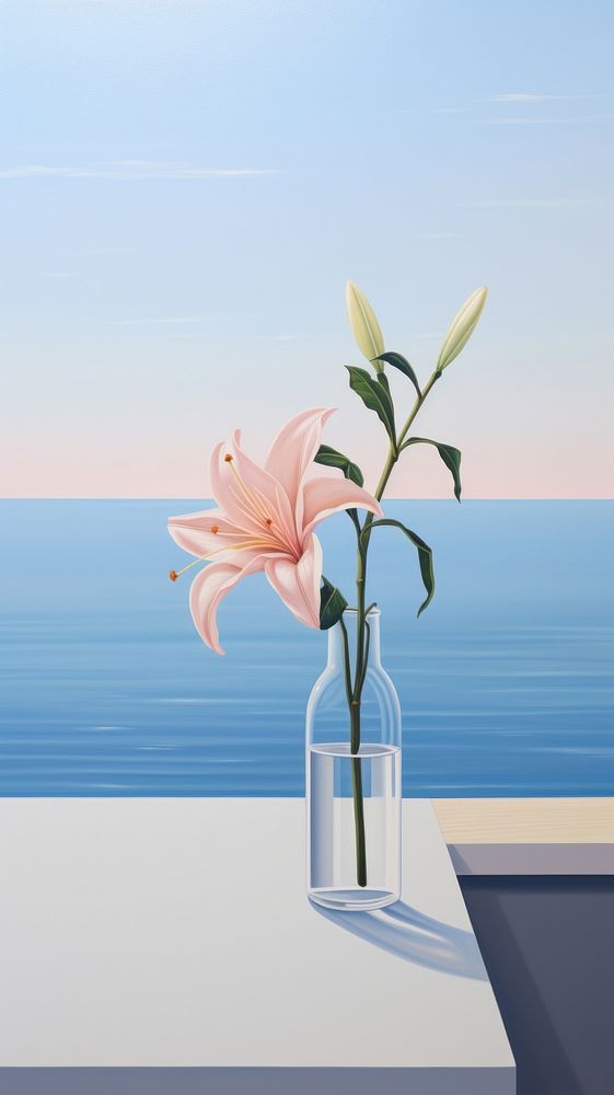 A flower in a vase outside the window with seascape background painting plant freshness.