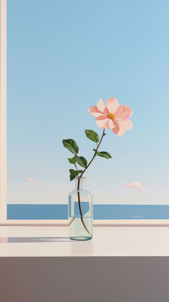 A flower in a vase outside the window with seascape background plant inflorescence transparent.