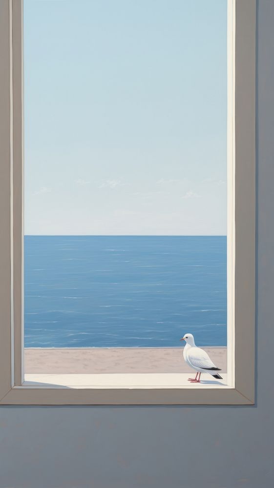 A white dove outside the window with seascape background windowsill bird architecture.