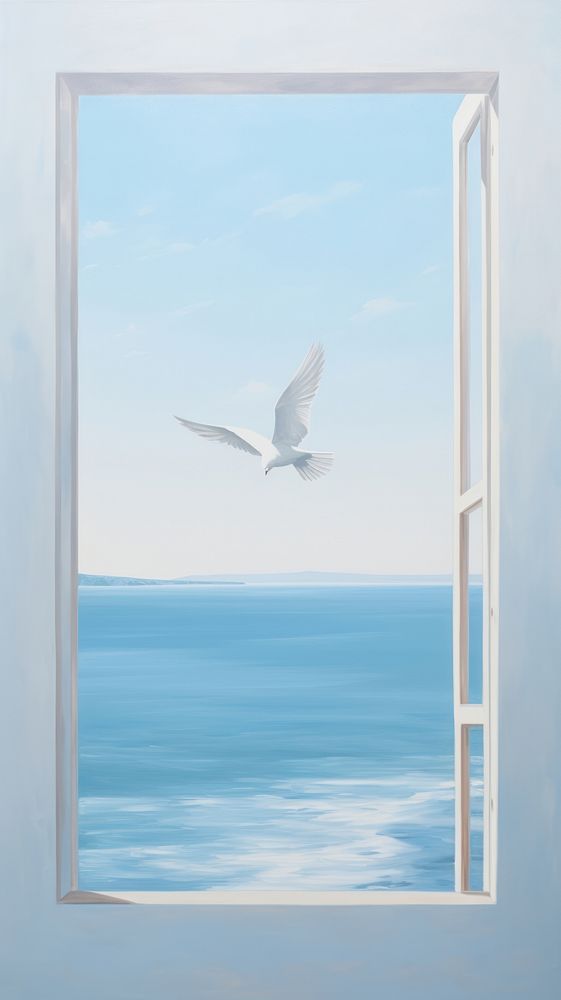 A white dove outside the window with seascape background flying bird architecture.