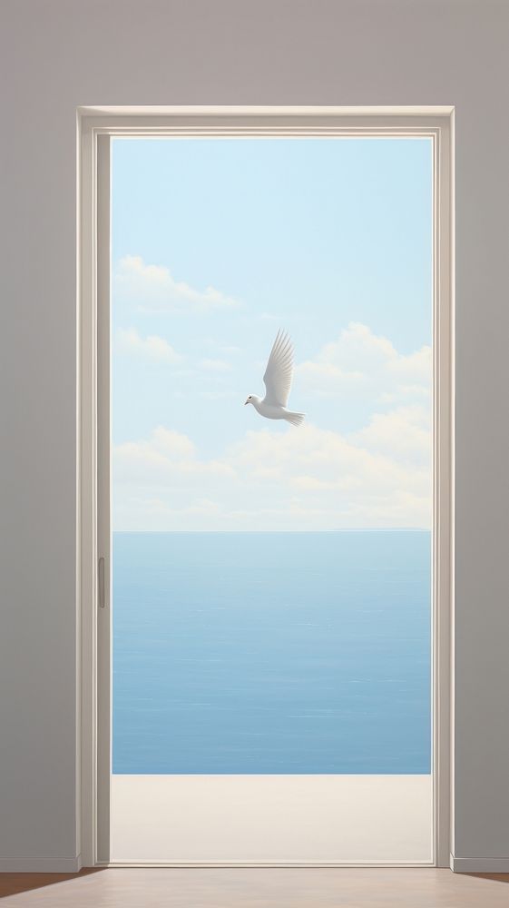 A white dove outside the window with seascape background architecture building door.