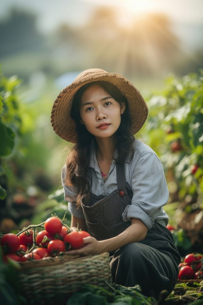 Thai Woman farmer gardening outdoors portrait.