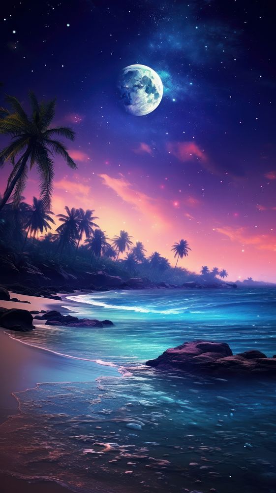 Beautiful fantasy tropical beach night moon astronomy.