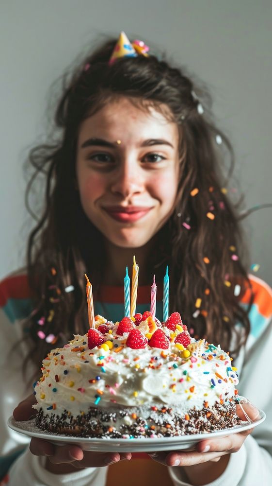 Girl with birthday cake fun dessert candle. AI generated Image by rawpixel.