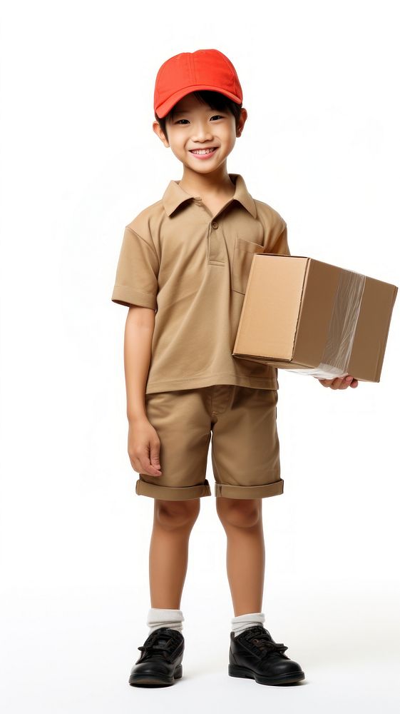 Japanese kid delivery person cardboard portrait child.