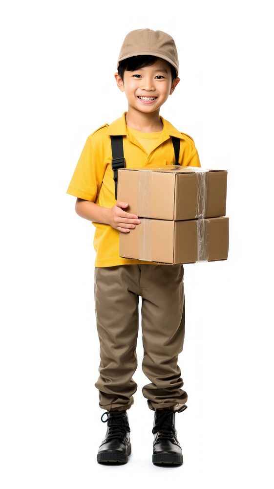 Japanese kid delivery person cardboard portrait child.