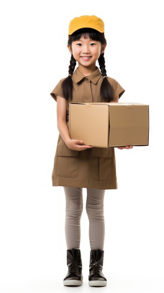 Japanese kid girl delivery person cardboard portrait costume.