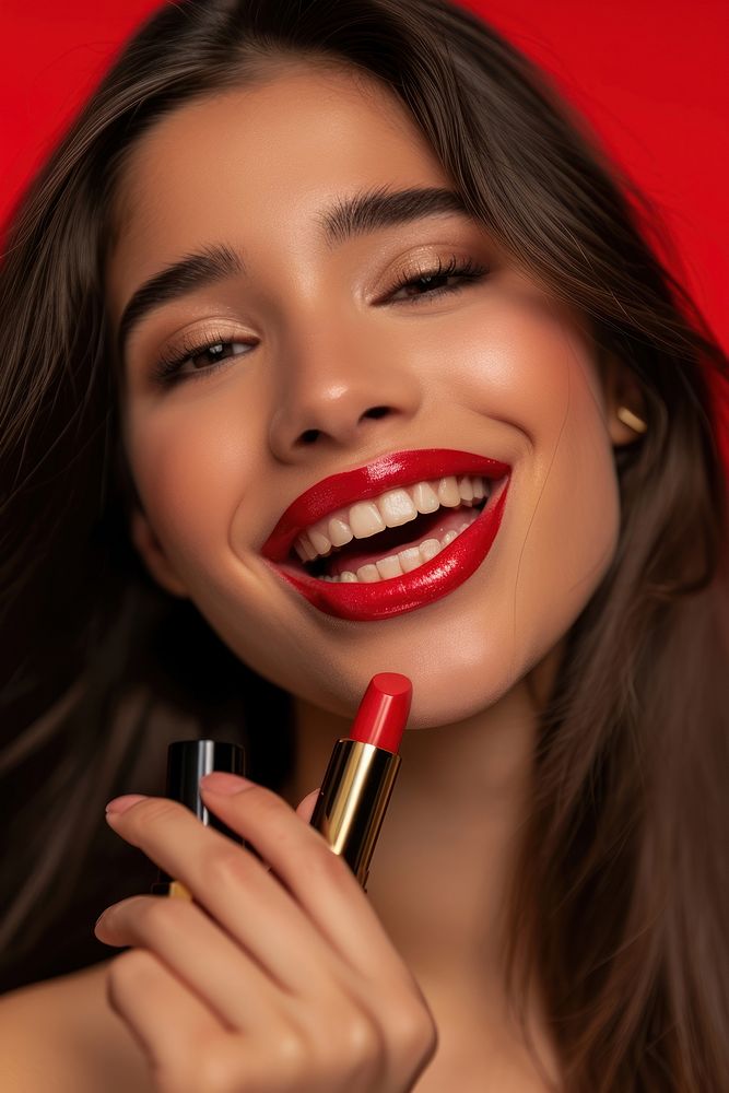 A latina Mexican model lipstick cosmetics holding.