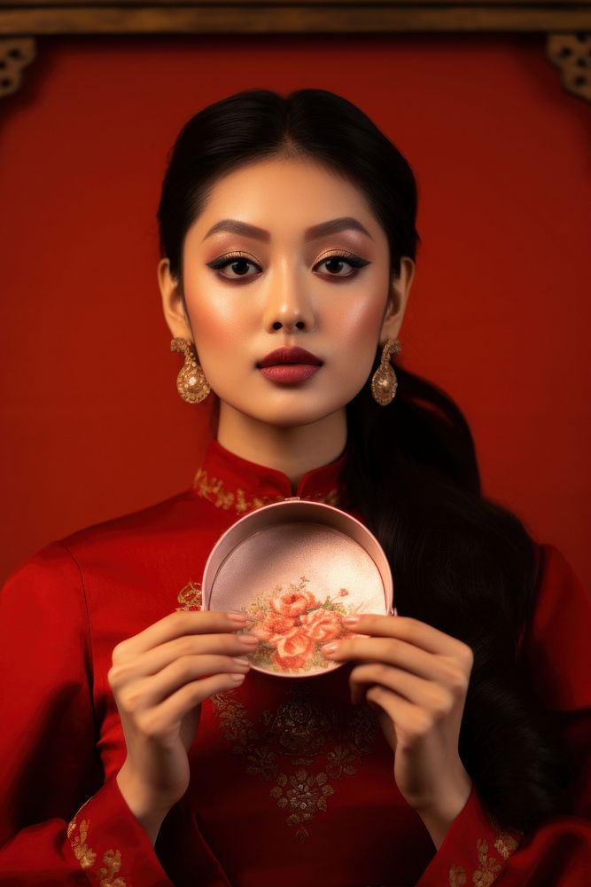 Chinese woman holding makeup photography portrait fashion.
