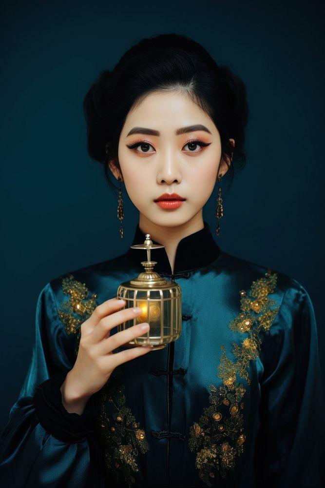 Chinese woman holding makeup photography portrait refreshment.