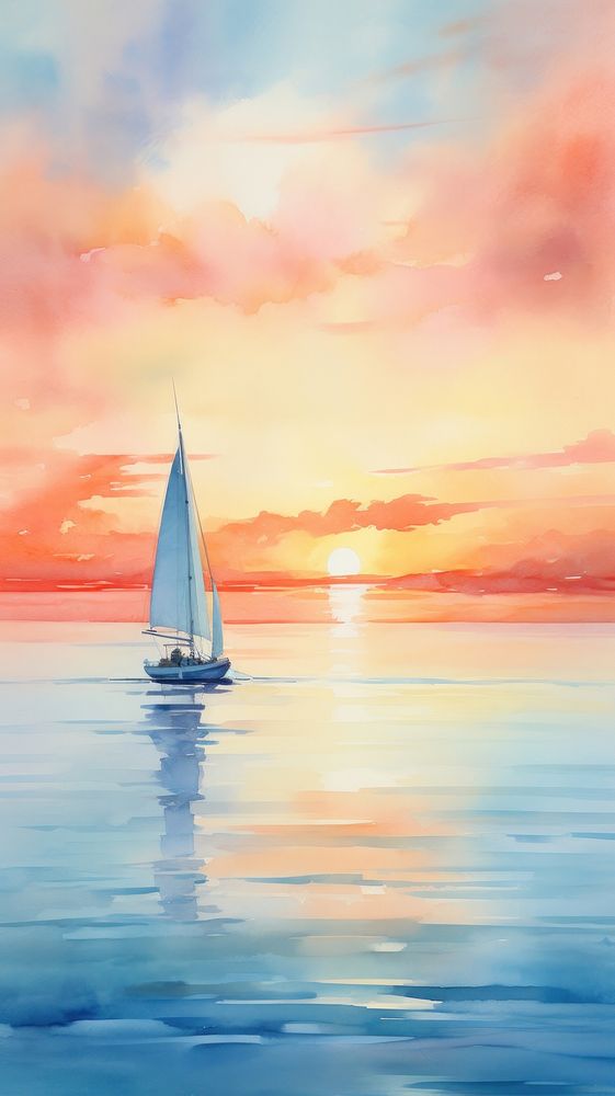 Sunset on the ocean watercraft sailboat painting.