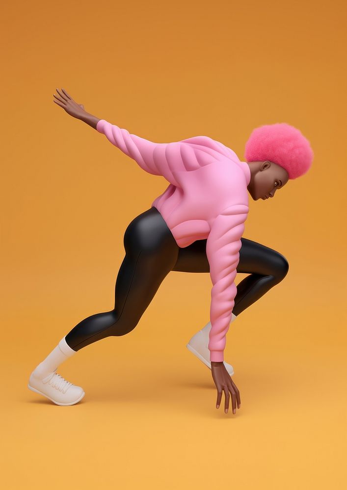 A black male athlete with pink hair wearing sportswear while doing an exercise routine dancing adult flexibility. AI…