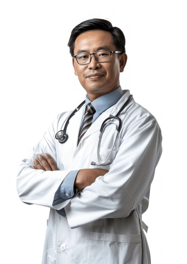 Middle age male asian doctor glasses adult white background.