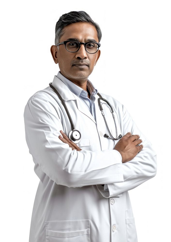 Middle age male indian doctor adult white background stethoscope.