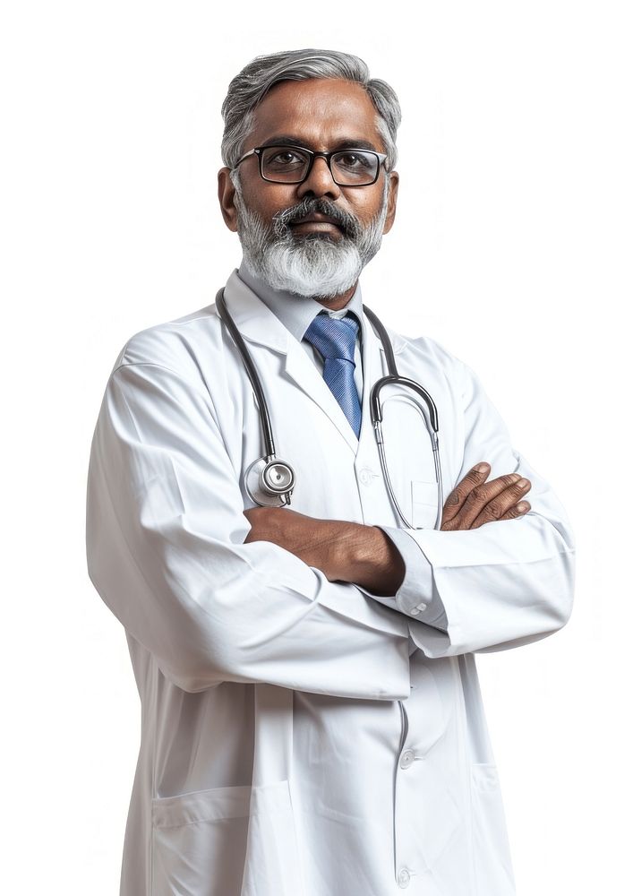 Middle age male indian doctor adult white background stethoscope.