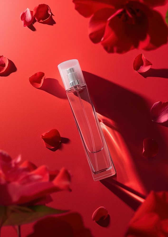 Perfume glasses packaging  cosmetics rose red.