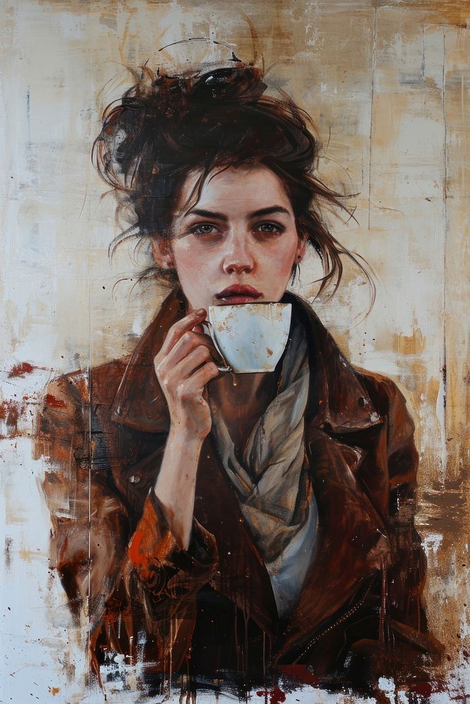 A woman sipping a coffee painting portrait adult.