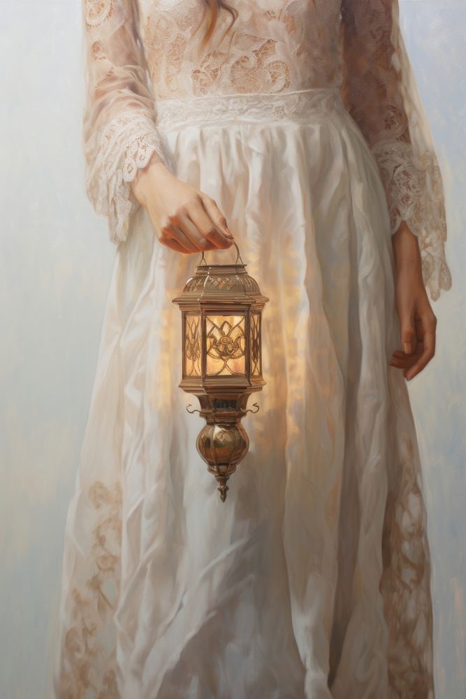 Hand holding Ramadan Lantern painting fashion dress.