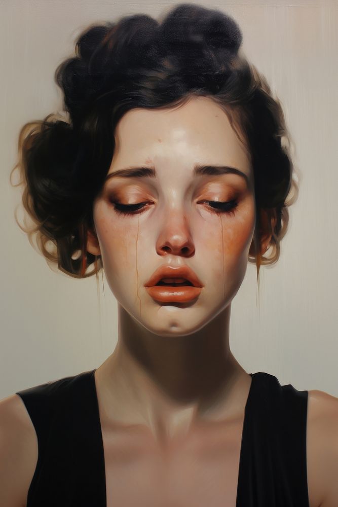 Woman is depicted with black mascara running down her face due to tears portrait adult contemplation.
