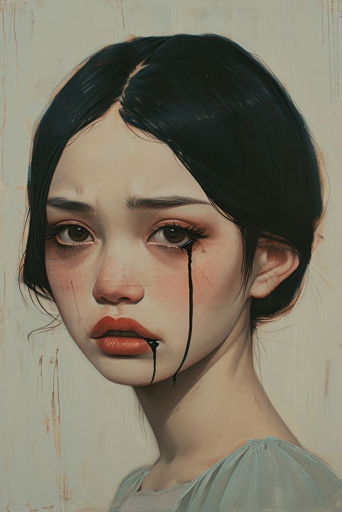 Woman is depicted with black mascara running down her face due to tears painting portrait drawing.
