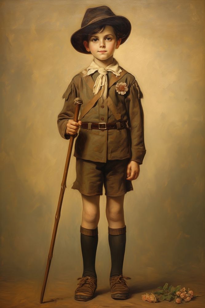 A boy wearing a brown scout uniform portrait painting photography.
