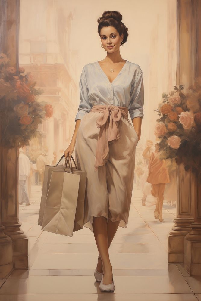 Woman shopping painting handbag dress.