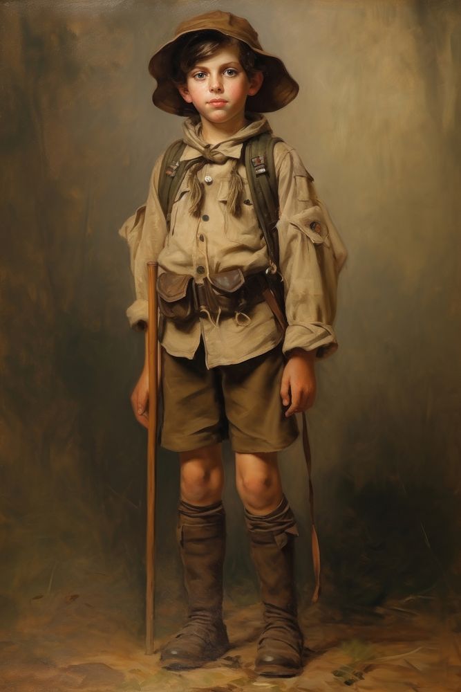 A boy wearing a brown scout uniform portrait painting architecture.