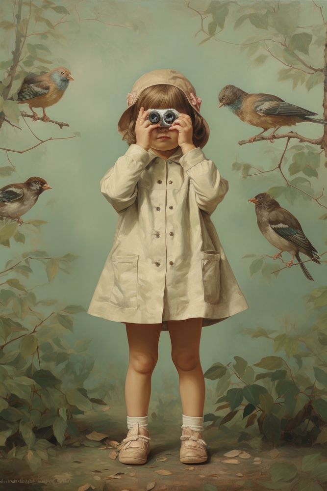Young Child Using Binoculars to Watch Birds painting bird portrait.