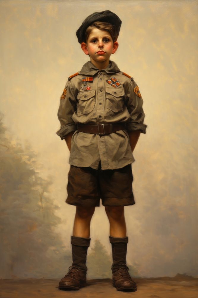 A boy wearing a brown scout uniform military portrait painting.