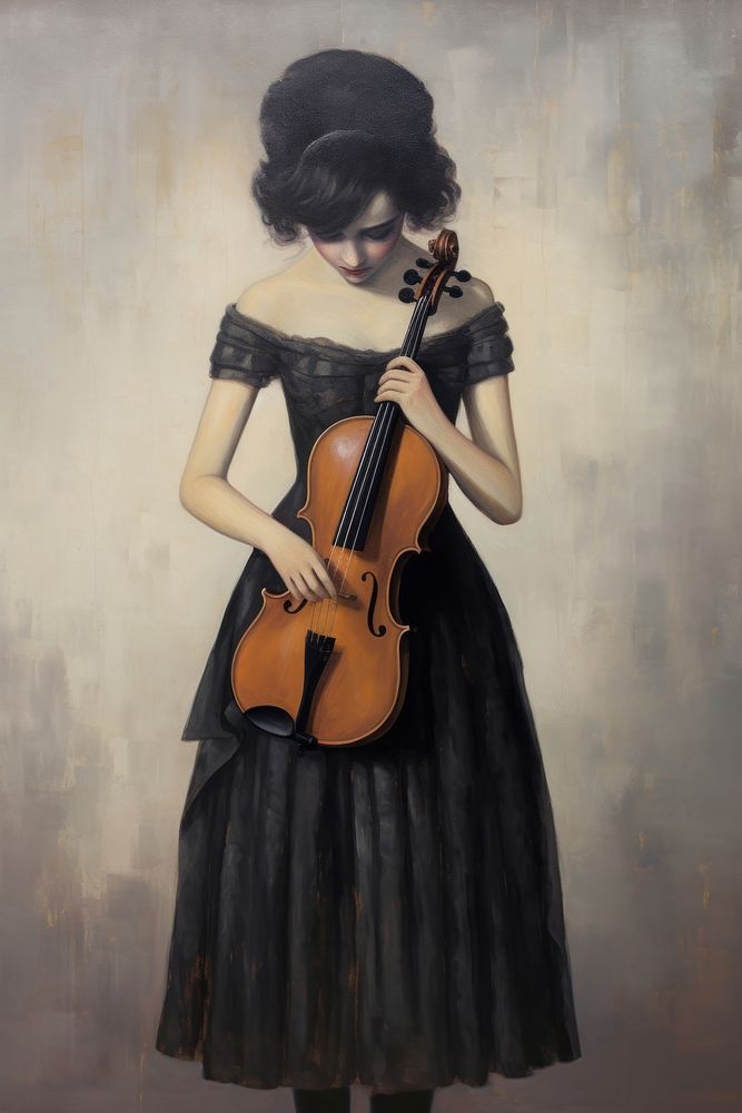 Woman is depicted with black mascara running down her face due to tears playing violin painting cello entertainment.