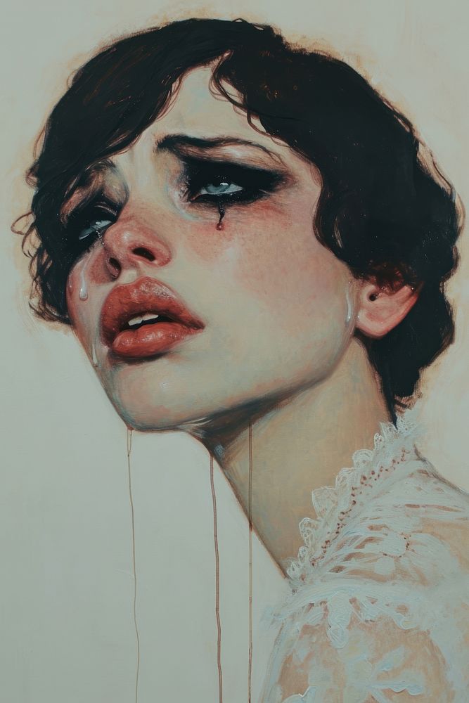Woman is depicted with black mascara running down her face due to tears painting portrait adult.