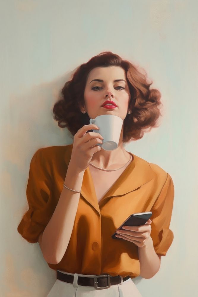 A woman sipping a coffee while use smart phone painting cup mug.