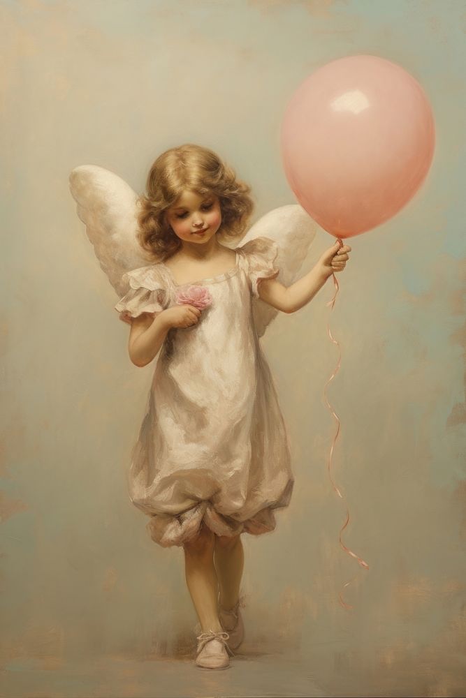 A little angel flying holding a Valentine Heart portrait painting balloon.