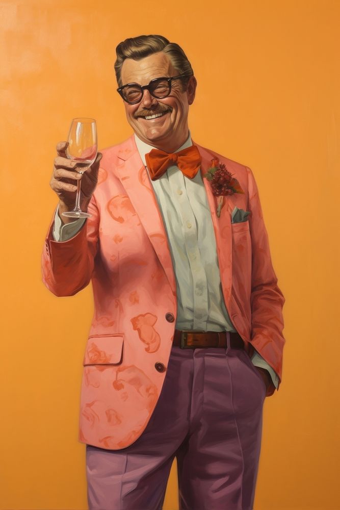 A 1970s Man happy and holding a wine glass portrait glasses adult.