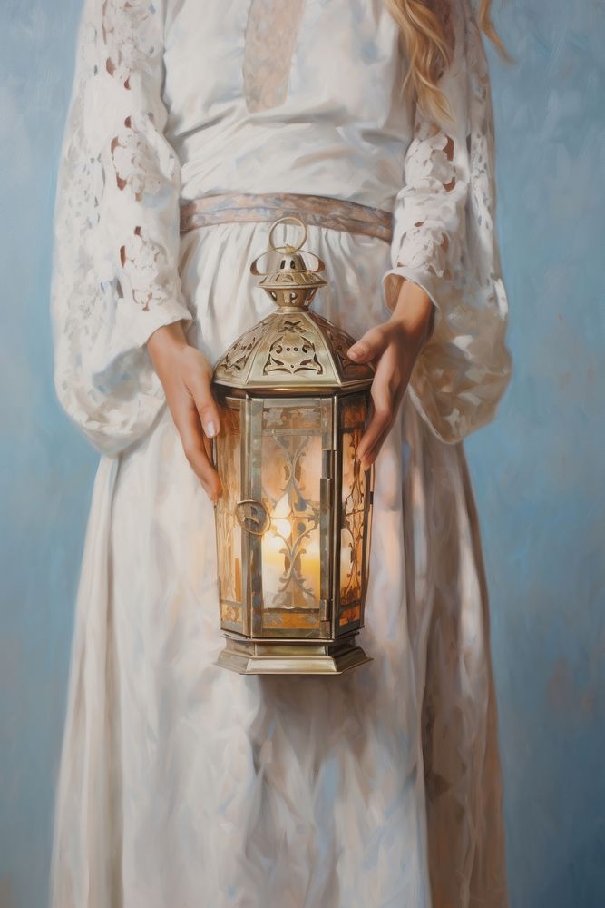 Hand holding Ramadan Lantern painting lantern dress.