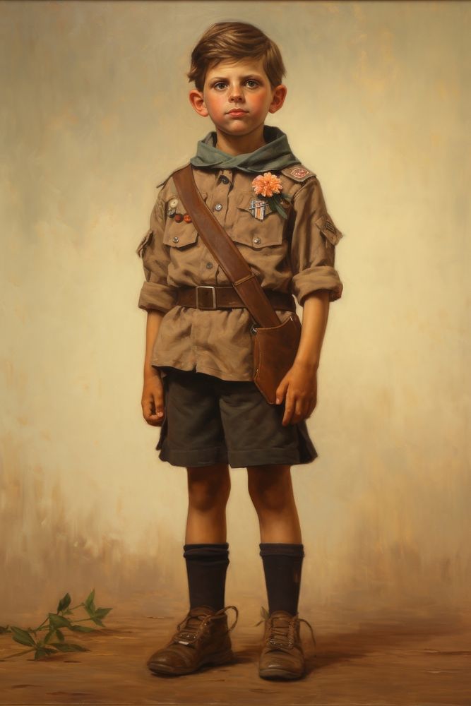 A boy wearing a brown scout uniform military child architecture.