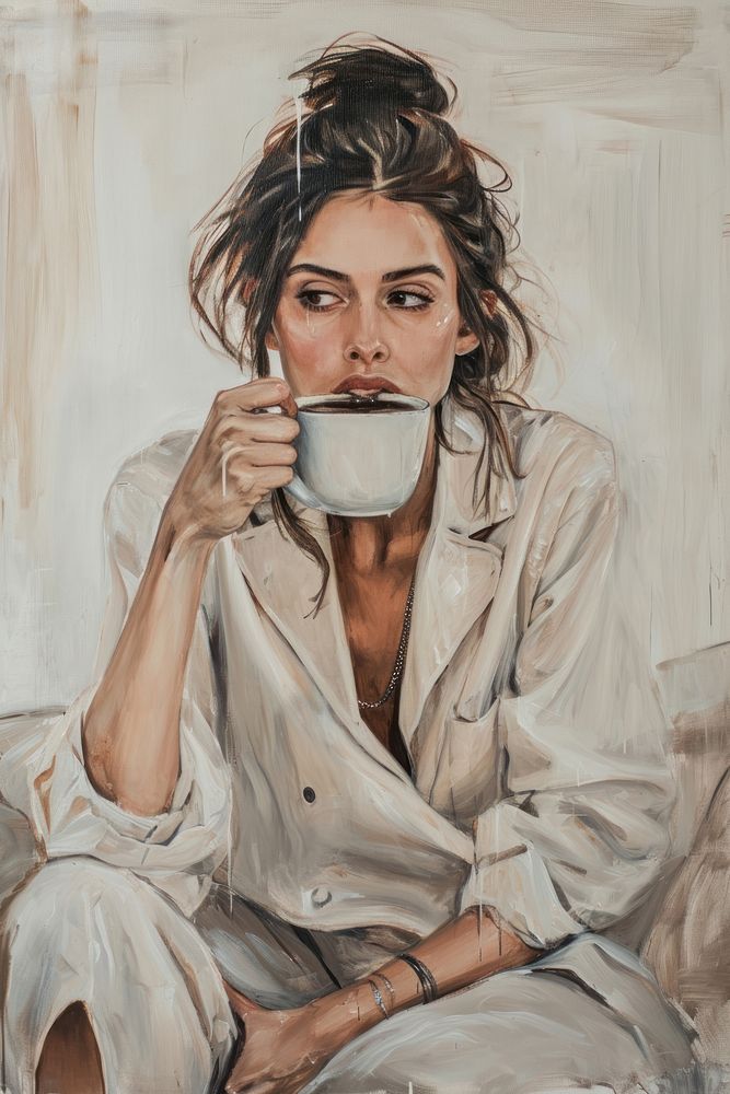 A woman sipping a coffee painting portrait art.