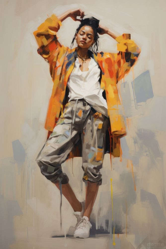 A person dressed in street fashion striking an extreme fashion pose painting portrait art.