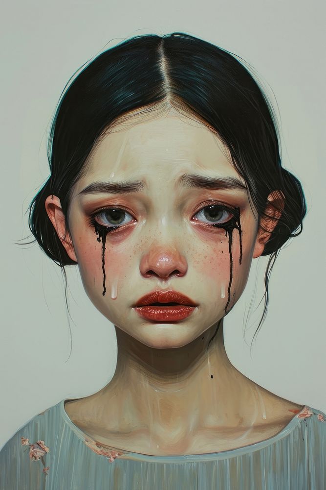 Woman is depicted with black mascara running down her face due to tears portrait adult photography.