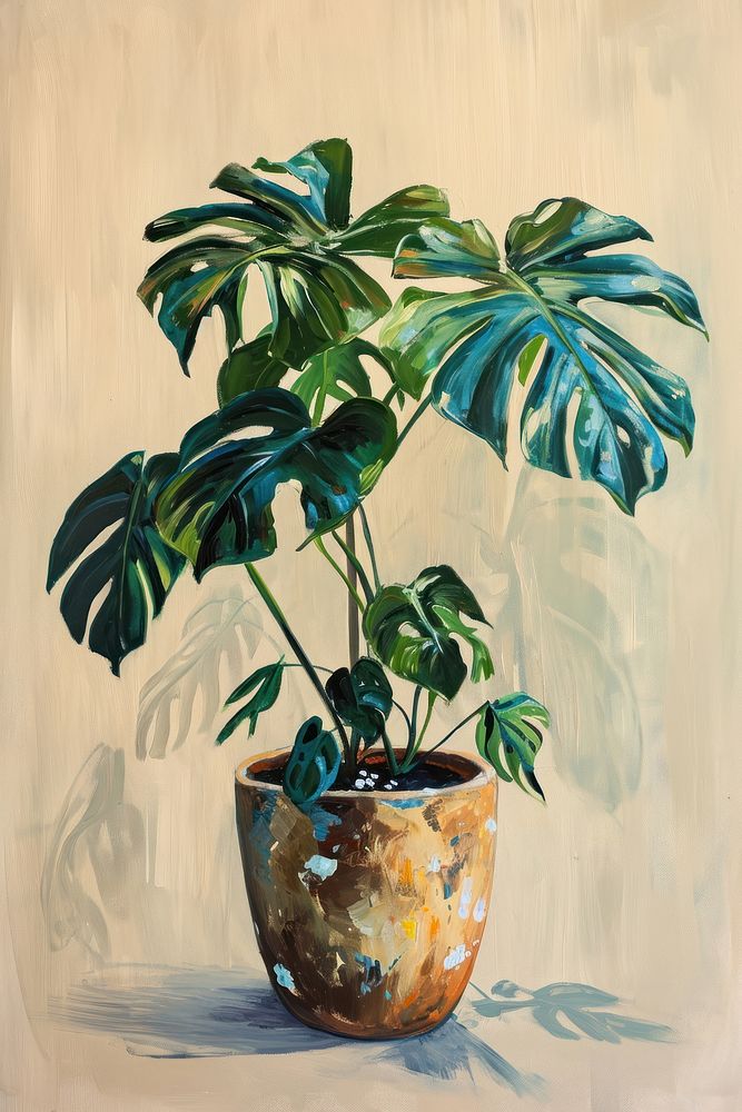 A Monstera in cute pot isolated on clear background painting plant leaf.