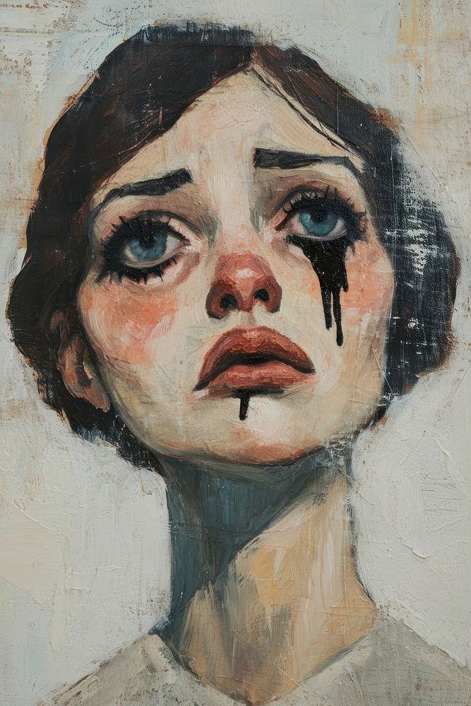 Woman is depicted with black mascara running down her face due to tears painting portrait art.