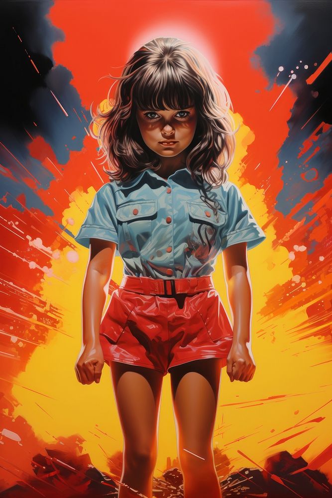 A brave little girl aggresive eyes shorts anime art. AI generated Image by rawpixel.