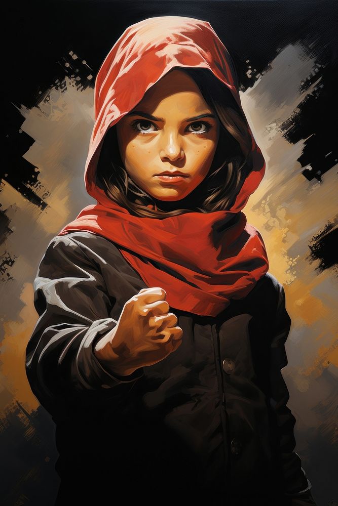 A brave little Muslim girl aggresive eyes look at camera rise her fist art painting portrait. AI generated Image by rawpixel.