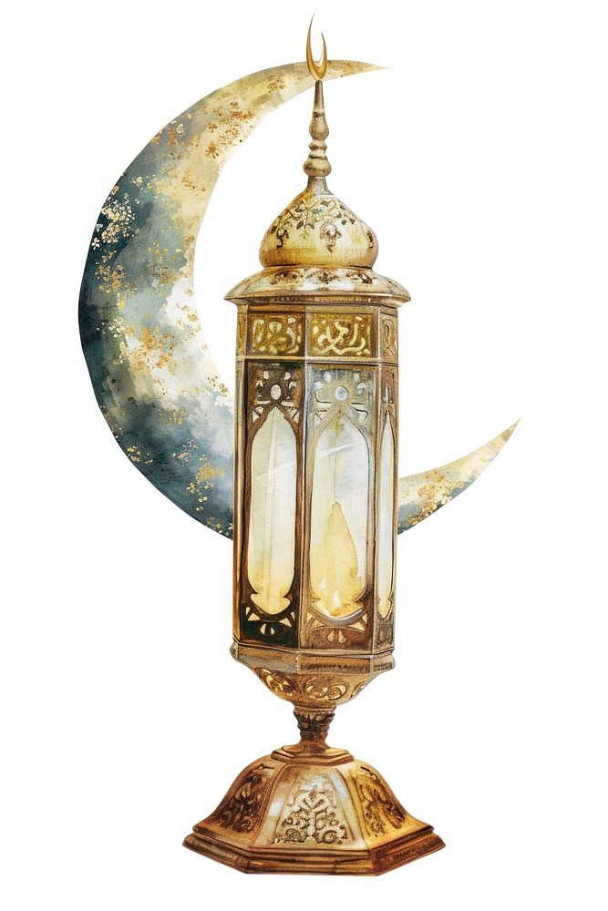 A Golden ramadan Lantern with Moon Crescent behind lantern lamp gold.