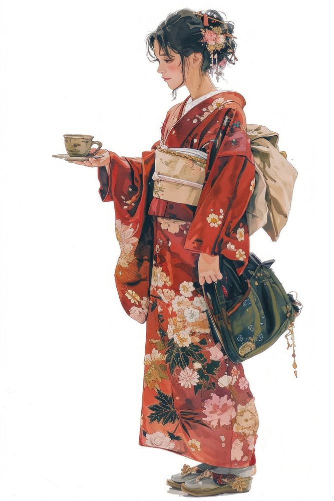 A japanese girl in gimono holding a vintage tea cup isolated on clear white background kimono robe mug.