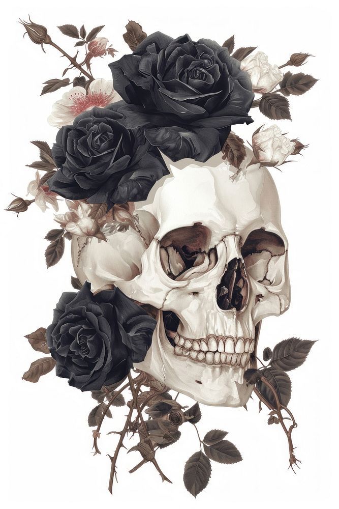A japanese Skull with black roses art pattern drawing.